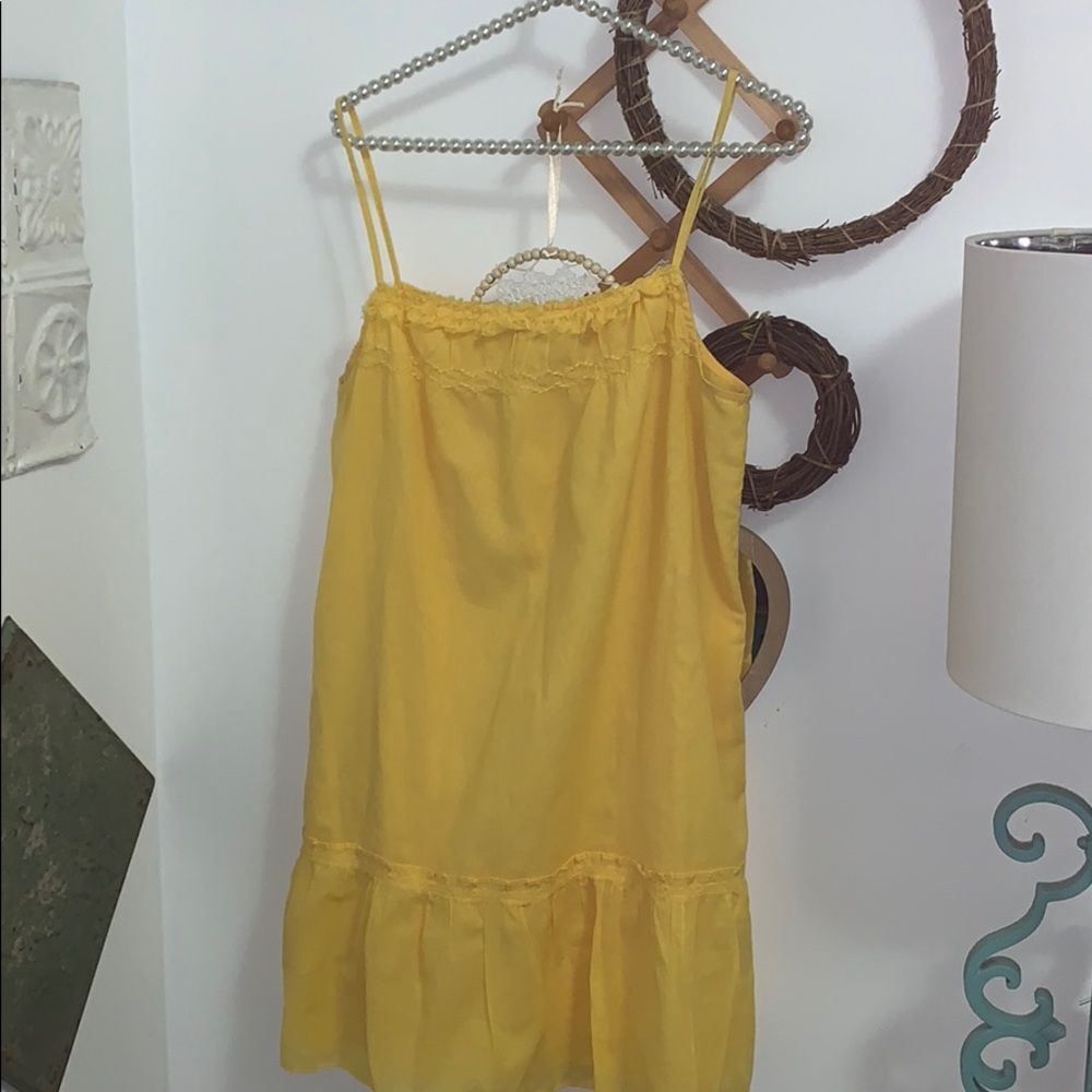 LOFT Yellow Cami Sundress M Medium Cotton Blend Spaghetti Strap Tiered Ruffle